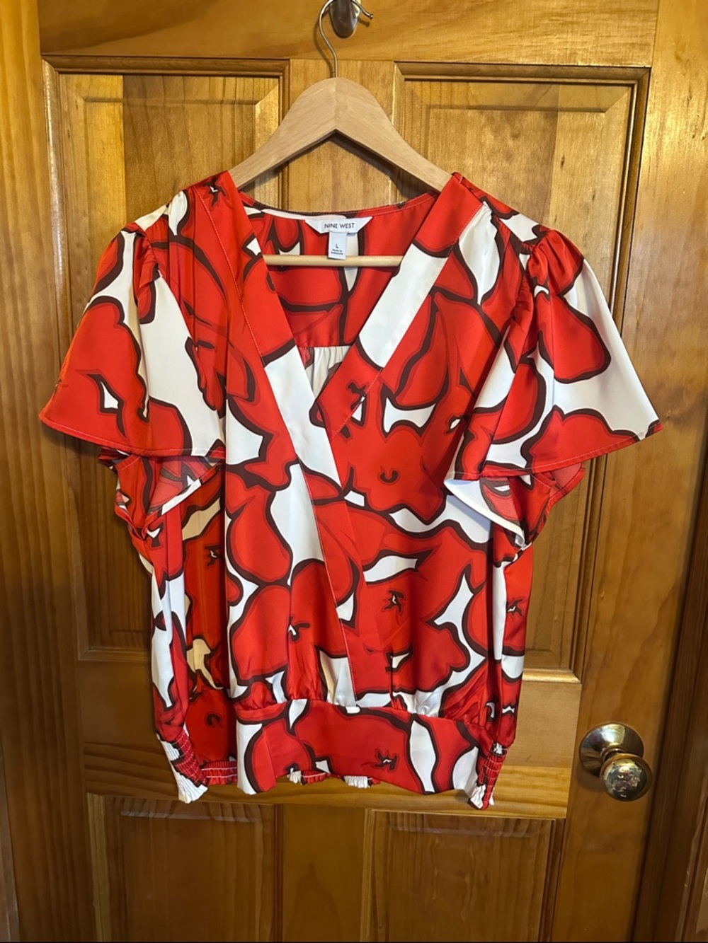 Nine West Red and White Floral Wrap Blouse